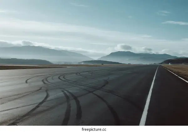 Empty asphalt runway with tire tracks under a clear sky