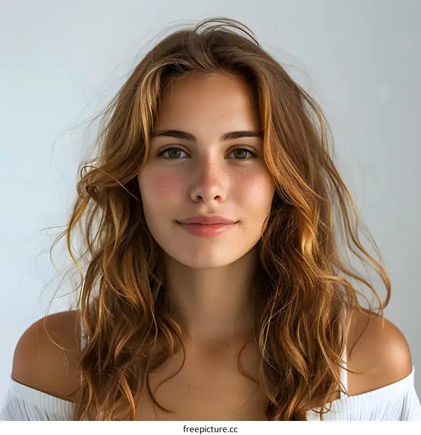portrait of a young woman with freckles and brown hair