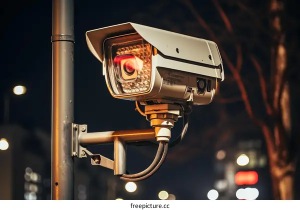 Surveillance Camera on Streetlight at Night