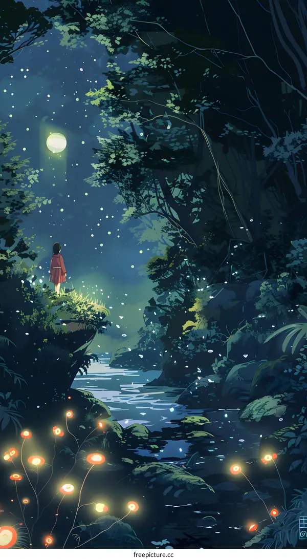 Girl Standing On A Cliff Looking At The Moon In A Forest