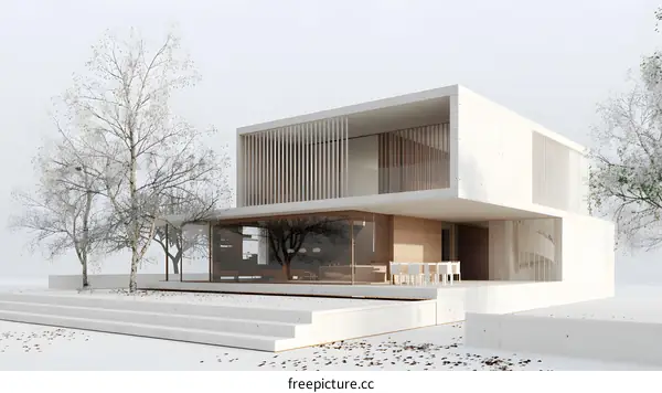 Modern Minimalist House Design with Large Windows and Trees