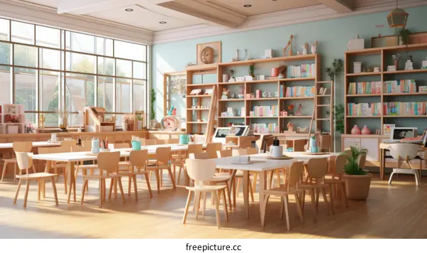 Classroom with wooden tables and chairs, bookshelves, and a variety of art supplies