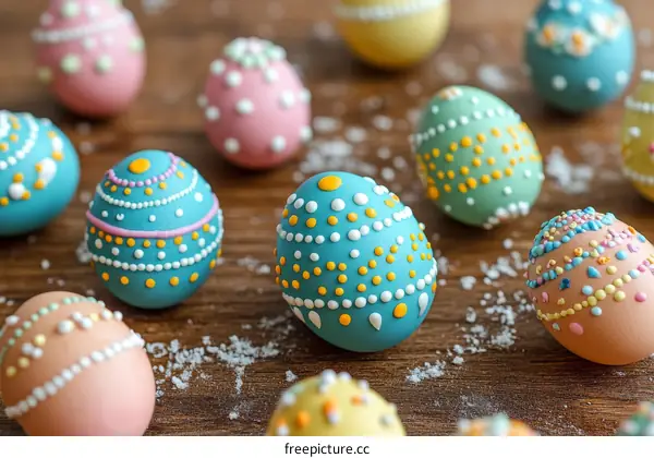 Colorful Decorated Easter Eggs on Wooden Table