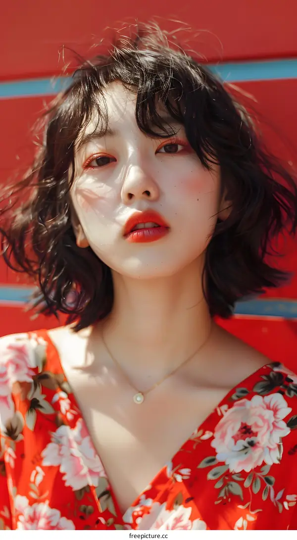 Portrait of a Young Asian Woman with Red Lipstick and Floral Dress
