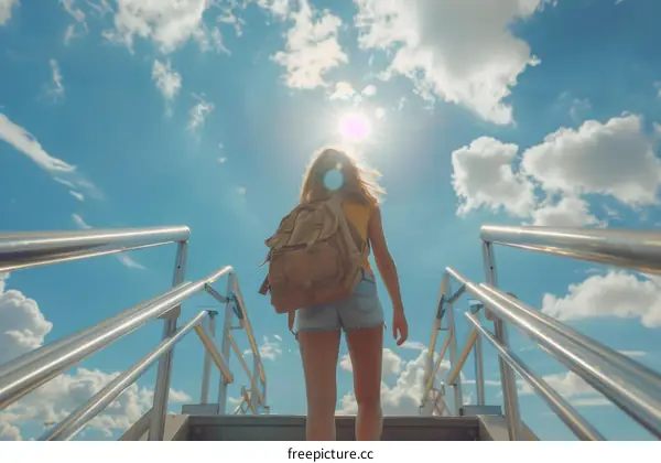 Young woman with backpack walking up the stairs to the airplane