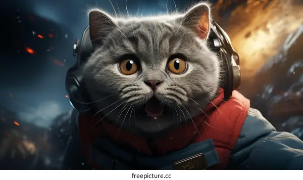 Cat in Spacesuit and Headphones Facing Explosion