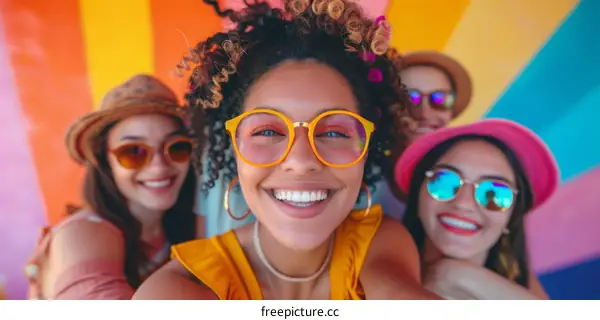 Four cheerful young women posing for a selfie in front of a colorful background