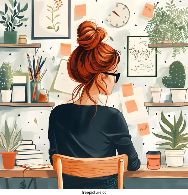 A woman is sitting at a desk in front of a wall full of plants and sticky notes.