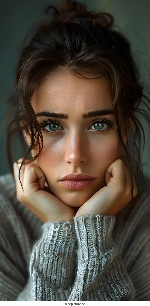 Closeup Portrait of Woman with Freckles and Knit Sweater