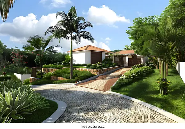 Tropical Garden Design with Cobblestone Pathway