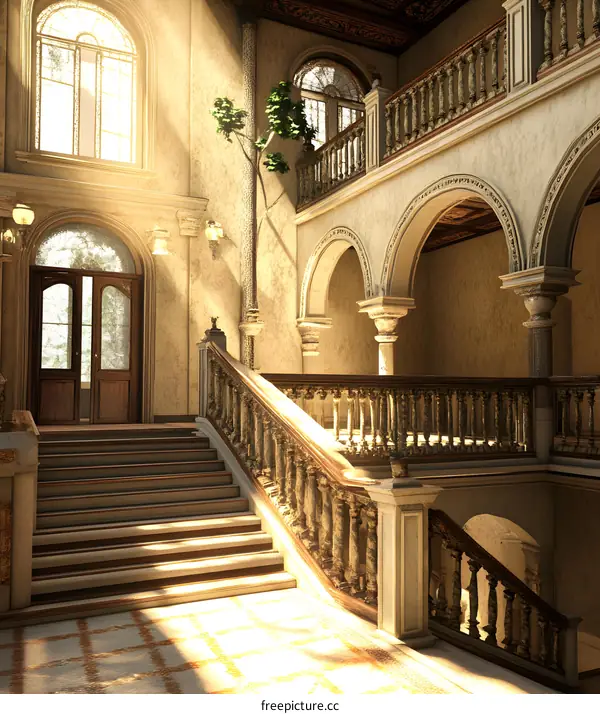 Elegant Staircase with Sunlight Streaming Through Windows in a Historic Mansion