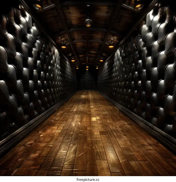 A dark and mysterious hallway with leather walls and a wooden floor