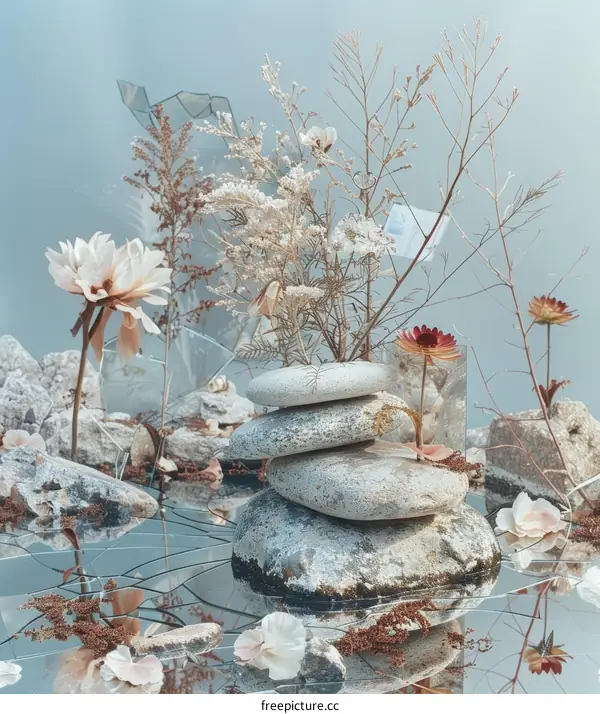 Stones and Flowers Still Life Photography