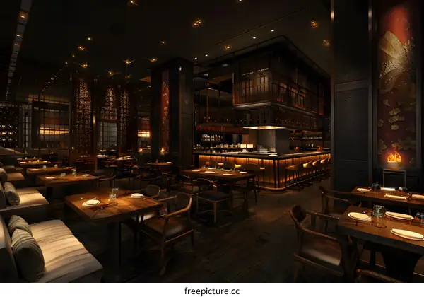 Modern Asian Restaurant Interior Design with Bar and Booth Seating