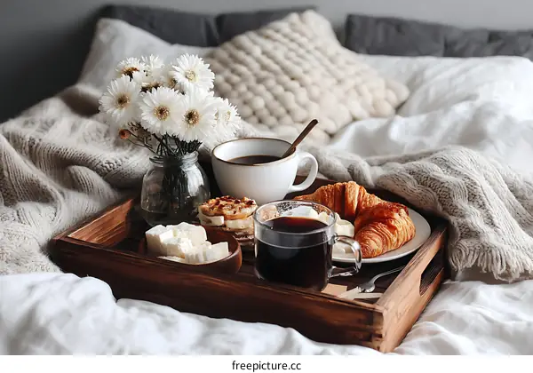 Cozy Bedside Breakfast Tray with Coffee and Croissants