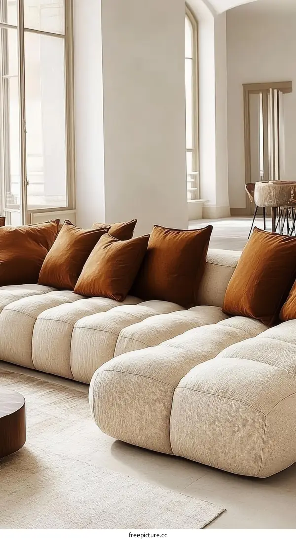 Modern Beige Sectional Sofa with Terracotta Pillows