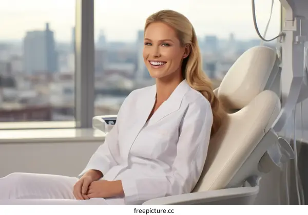 Confident blonde female doctor sitting in modern dentist office