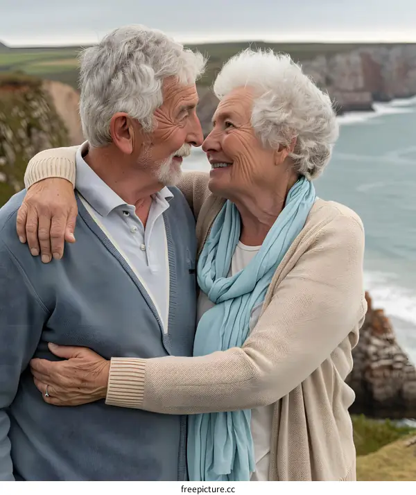Senior Couple Embracing on Cliffside with Ocean View