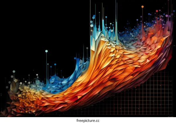 Abstract 3D rendering of a wave with a grid in the background