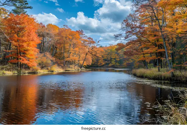 The colorful forest is reflected in the calm lake water
