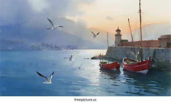 Red Boats Floating on Calm Blue Sea Near Lighthouse