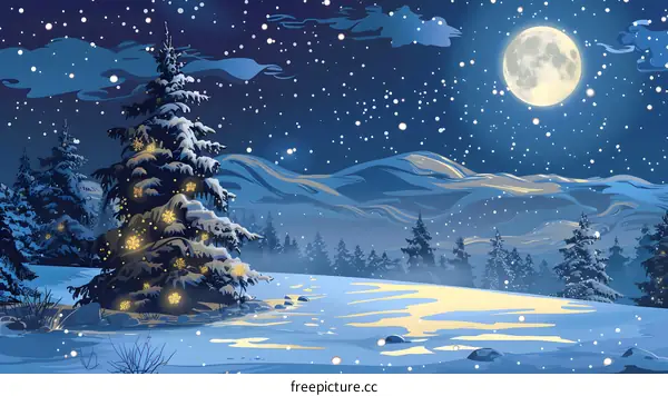 Snowy Night Scene with a Full Moon and a Decorated Christmas Tree