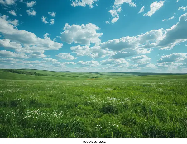 Green rolling hills under blue sky and white clouds