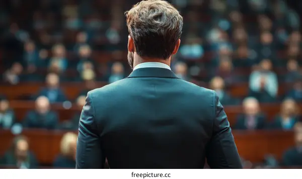 Business Conference Speaker Addressing Large Audience