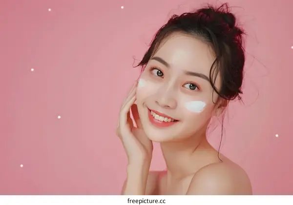 Beautiful Asian Woman Applying Face Cream on Pink Background