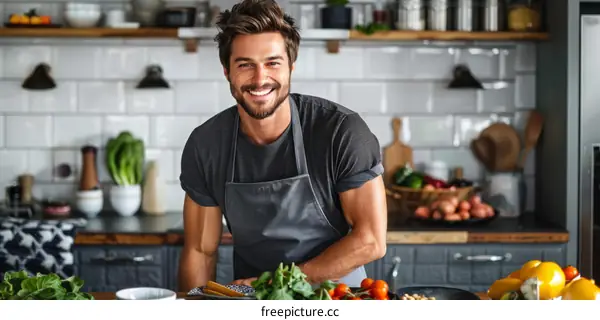 Handsome young man cooking in the kitchen