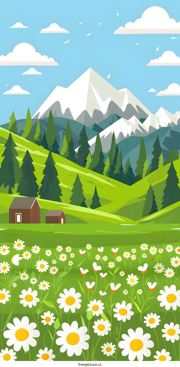 Cartoon Illustration of a Beautiful Mountain Meadow Landscape