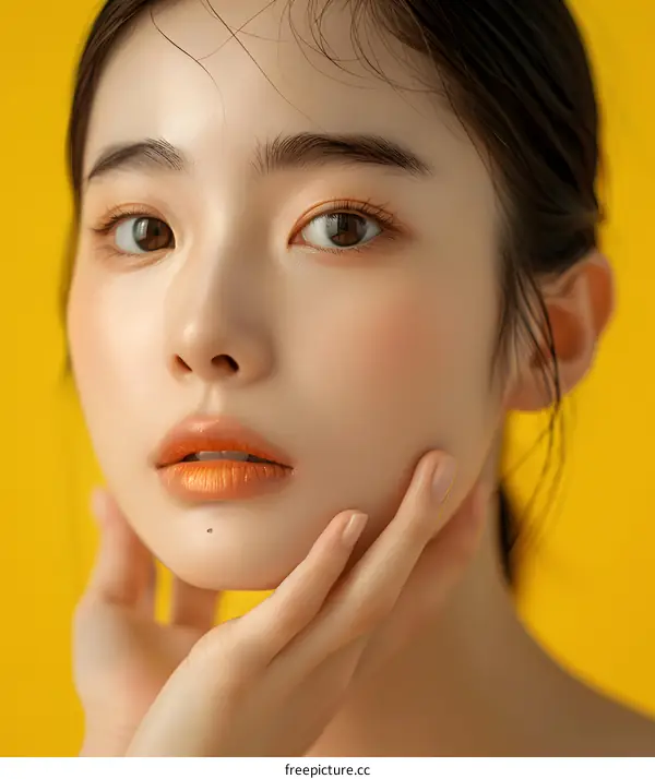 Portrait of a Young Asian Woman with Makeup and Yellow Background