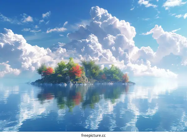 Small island with trees and rocks in the middle of the ocean with white clouds and blue sky