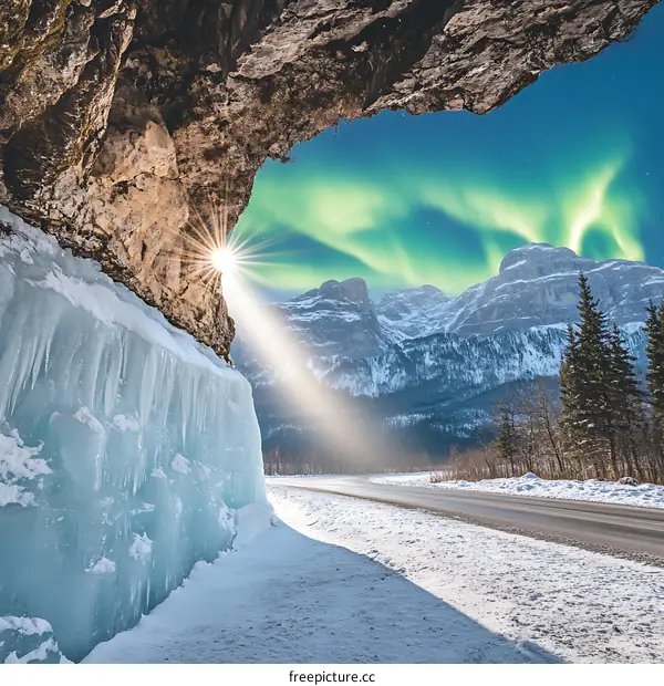 Northern Lights Displayed Above Mountains and Ice