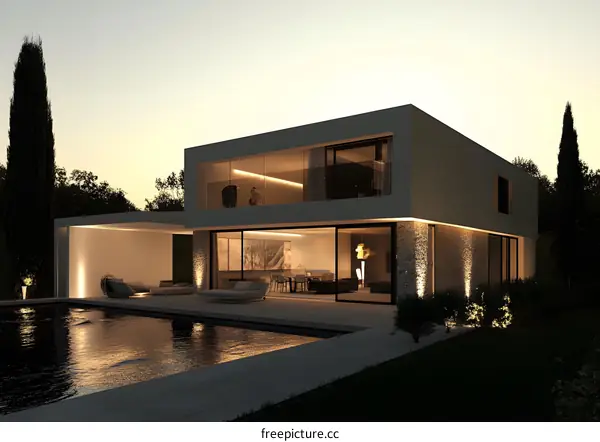 Modern Architecture House with Swimming Pool at Sunset