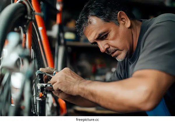 Hispanic Male Mechanic Repairing Bike