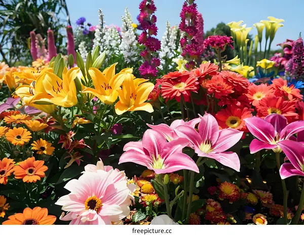 Colorful Flower Garden With Lily, Gerbera And Other Flowers
