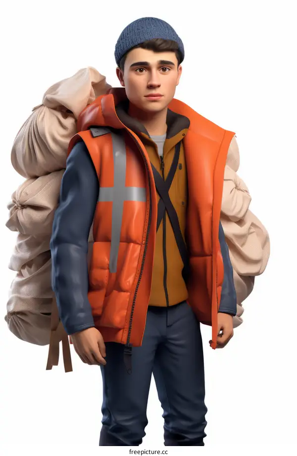 young man with a large backpack full of white sacks