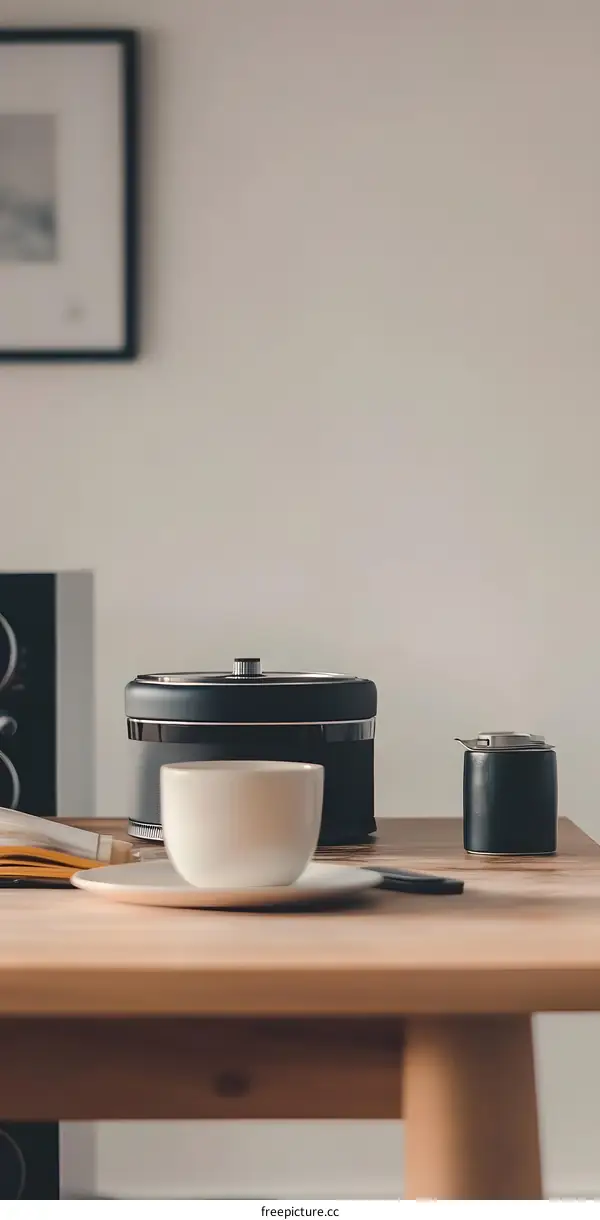 Minimalist Coffee Table with White Cup, Black Canister and Wooden Surface
