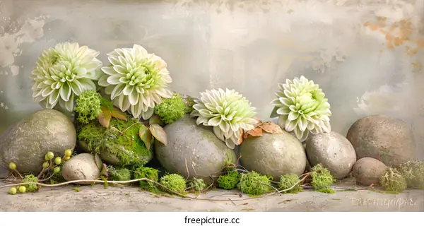 White Dahlias and Green Moss on Rocks with Grunge Background