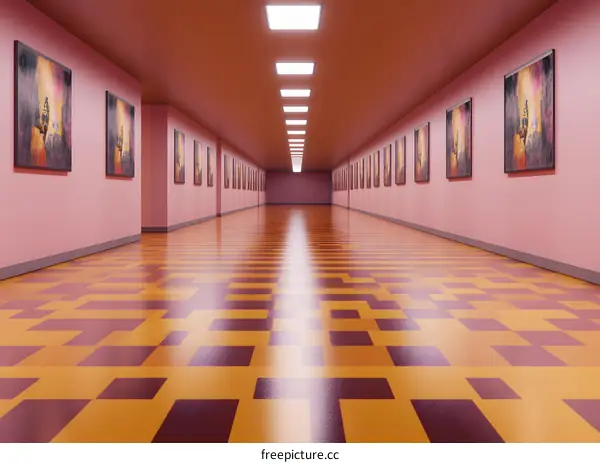 Pink Wall Gallery Corridor With Paintings