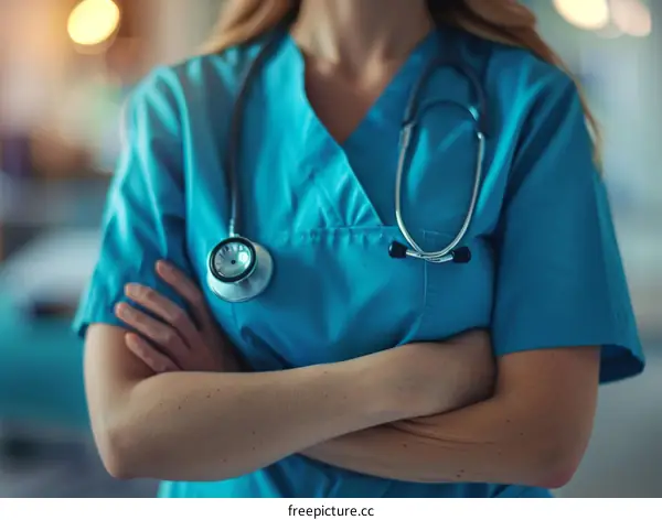 Confident female doctor in blue uniform posing with arms crossed