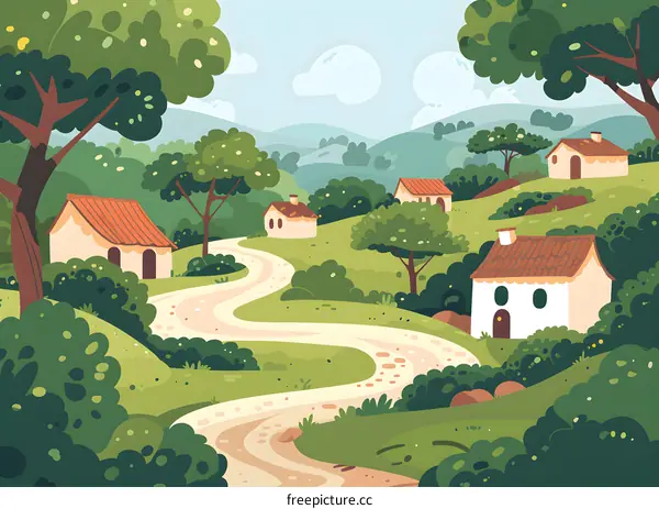 Winding Road Through a Green Countryside Village