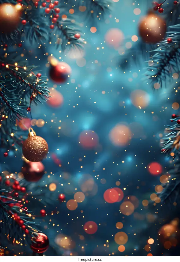 Christmas background with blue bokeh lights and hanging ornaments