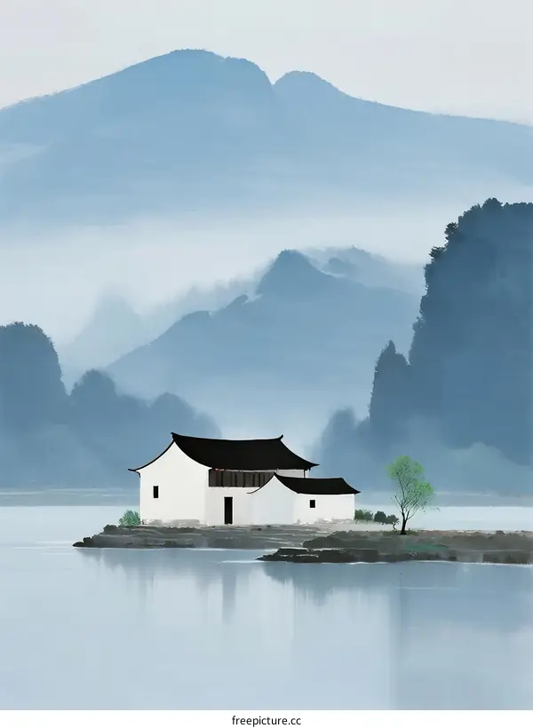 Peaceful Traditional Chinese House by Misty Lake with Mountains