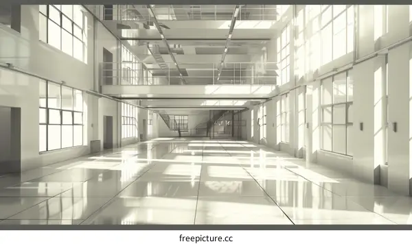 Large empty room with white walls and large windows