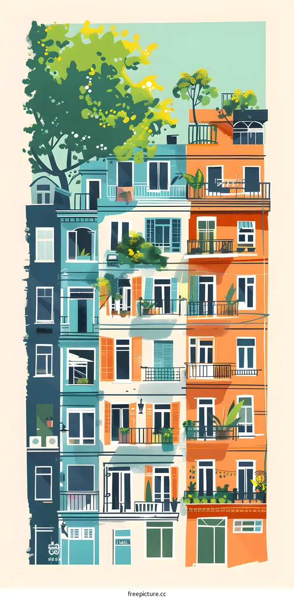 Colorful Illustration of a European City Building