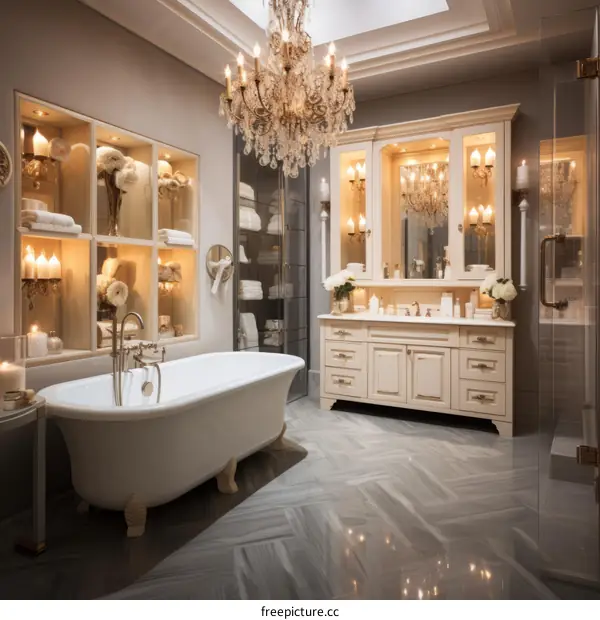 Luxurious marble bathroom with freestanding bathtub and crystal chandelier