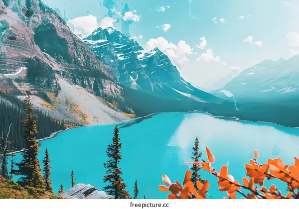 Blue Lake Surrounded by Mountains with Snowy Peaks