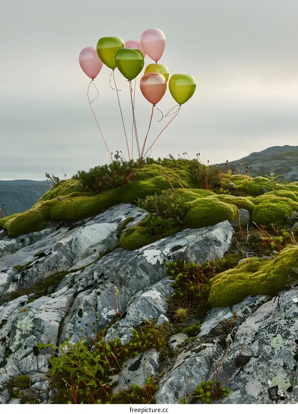 Pink and Green Balloons Floating Over a Mountaintop